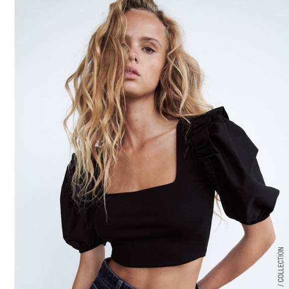 Zara Tops - Zara Black Short Sleeve Top with Puff Sleeves
